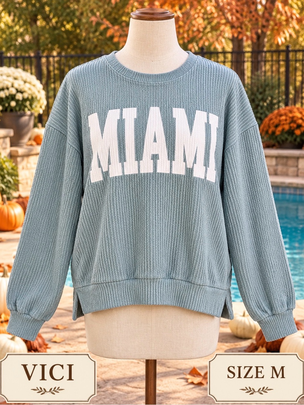 VICI Crewneck Sweater in Dusty Teal with White MIAMI Lettering